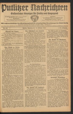 Putlitzer Nachrichten vom 18.10.1925