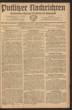 Putlitzer Nachrichten vom 02.12.1925