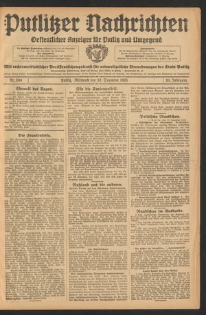 Putlitzer Nachrichten vom 23.12.1925