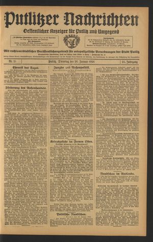 Putlitzer Nachrichten vom 26.01.1926