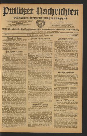 Putlitzer Nachrichten vom 14.02.1926