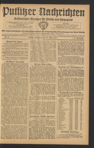 Putlitzer Nachrichten vom 27.03.1926