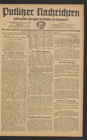 Putlitzer Nachrichten vom 27.04.1926