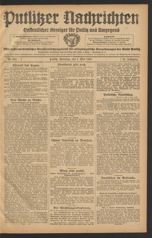 Putlitzer Nachrichten vom 02.05.1926