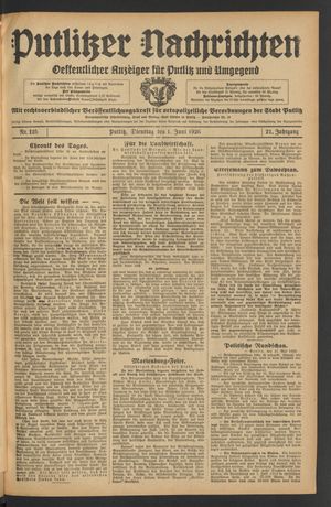 Putlitzer Nachrichten vom 01.06.1926