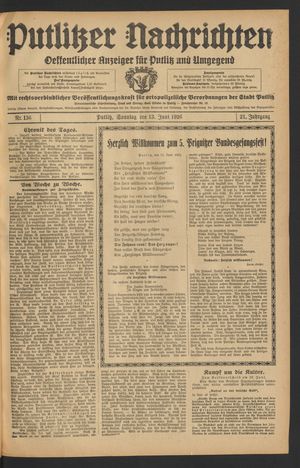 Putlitzer Nachrichten vom 13.06.1926