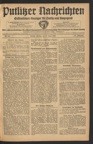 Putlitzer Nachrichten vom 18.06.1926