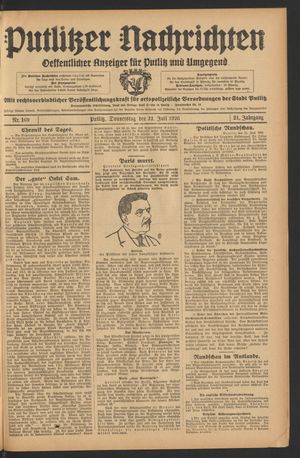 Putlitzer Nachrichten vom 22.07.1926