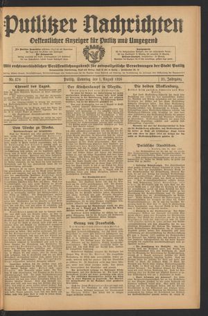 Putlitzer Nachrichten vom 01.08.1926