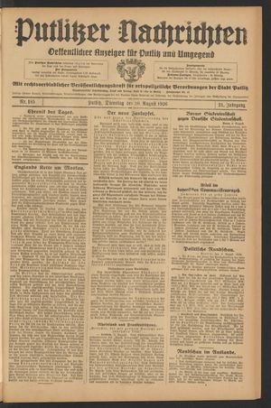 Putlitzer Nachrichten vom 10.08.1926