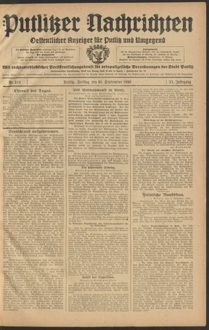Putlitzer Nachrichten vom 10.09.1926