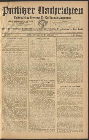 Putlitzer Nachrichten vom 11.09.1926