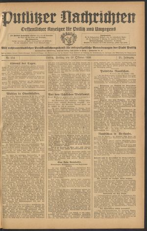 Putlitzer Nachrichten vom 29.10.1926