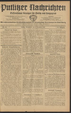 Putlitzer Nachrichten vom 04.12.1926