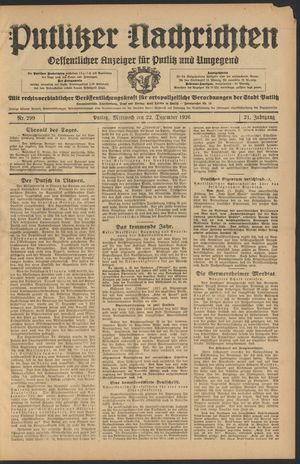 Putlitzer Nachrichten vom 22.12.1926