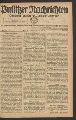 Putlitzer Nachrichten vom 29.06.1927