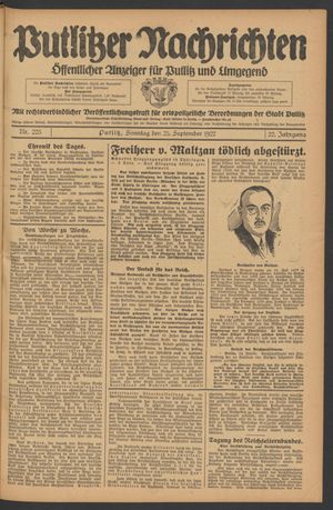 Putlitzer Nachrichten vom 25.09.1927