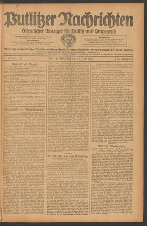 Putlitzer Nachrichten vom 14.05.1929