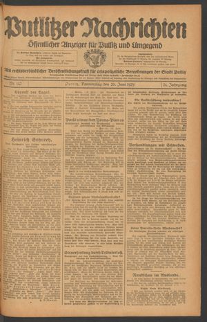 Putlitzer Nachrichten vom 20.06.1929