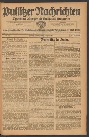 Putlitzer Nachrichten vom 09.08.1929