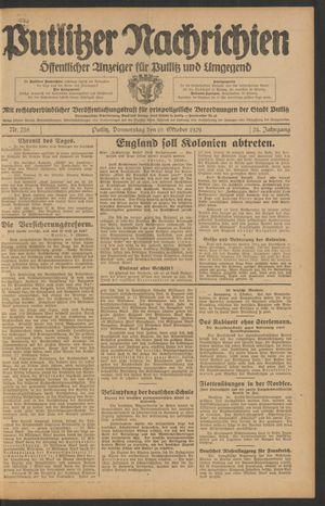 Putlitzer Nachrichten vom 10.10.1929