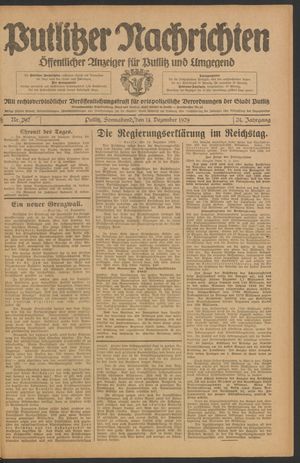 Putlitzer Nachrichten vom 14.12.1929