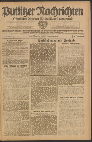 Putlitzer Nachrichten vom 22.12.1929