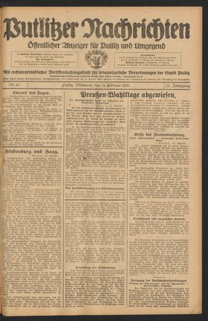 Putlitzer Nachrichten vom 19.02.1930