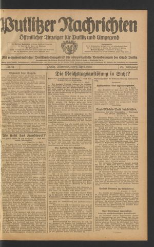 Putlitzer Nachrichten vom 09.04.1930
