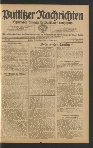Putlitzer Nachrichten vom 19.04.1930