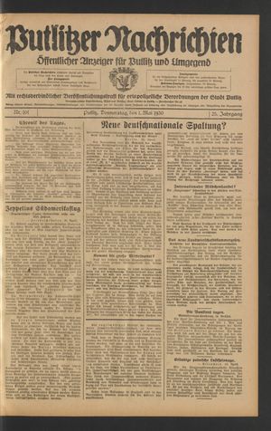 Putlitzer Nachrichten vom 01.05.1930