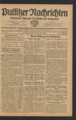 Putlitzer Nachrichten vom 19.06.1930