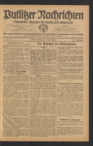 Putlitzer Nachrichten vom 27.06.1930