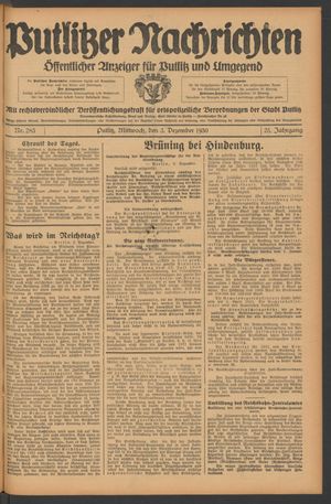 Putlitzer Nachrichten vom 03.12.1930