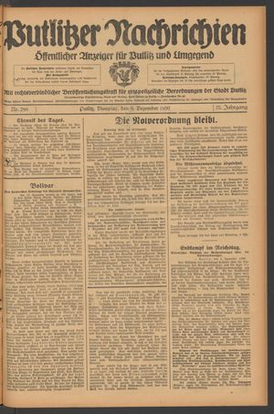 Putlitzer Nachrichten vom 09.12.1930