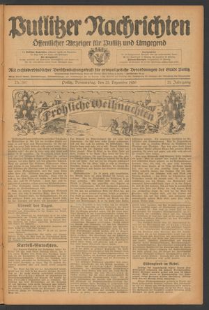 Putlitzer Nachrichten vom 25.12.1930