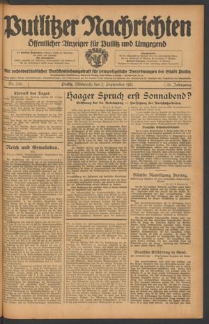 Putlitzer Nachrichten vom 02.09.1931