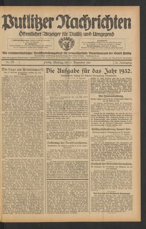 Putlitzer Nachrichten vom 21.12.1931
