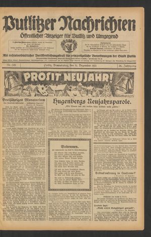Putlitzer Nachrichten vom 31.12.1931