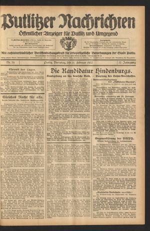 Putlitzer Nachrichten vom 16.02.1932