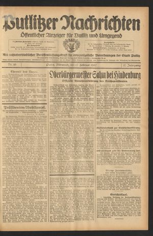 Putlitzer Nachrichten vom 17.02.1932