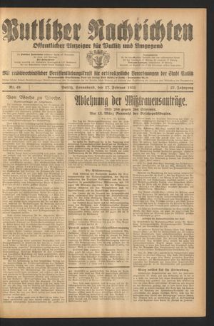 Putlitzer Nachrichten vom 27.02.1932