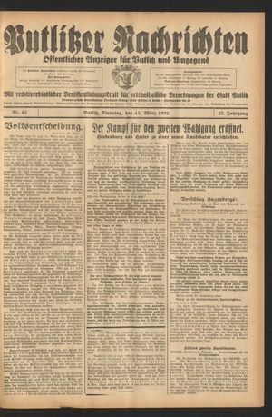 Putlitzer Nachrichten vom 15.03.1932
