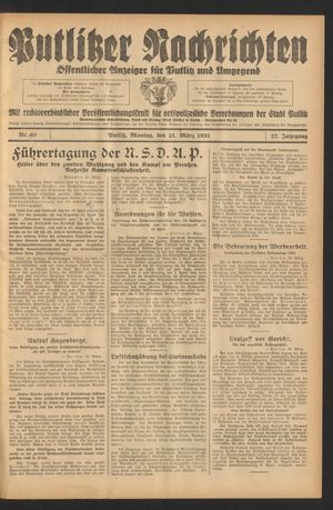 Putlitzer Nachrichten vom 21.03.1932