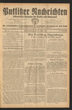 Putlitzer Nachrichten vom 30.03.1932