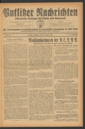 Putlitzer Nachrichten vom 04.04.1932