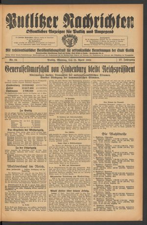 Putlitzer Nachrichten vom 11.04.1932
