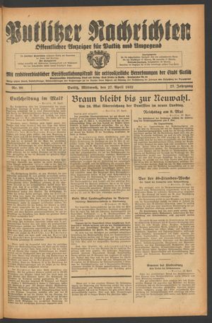 Putlitzer Nachrichten vom 27.04.1932