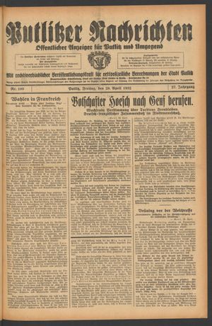 Putlitzer Nachrichten vom 29.04.1932