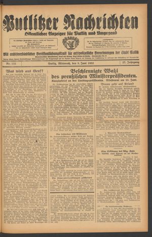 Putlitzer Nachrichten vom 08.06.1932